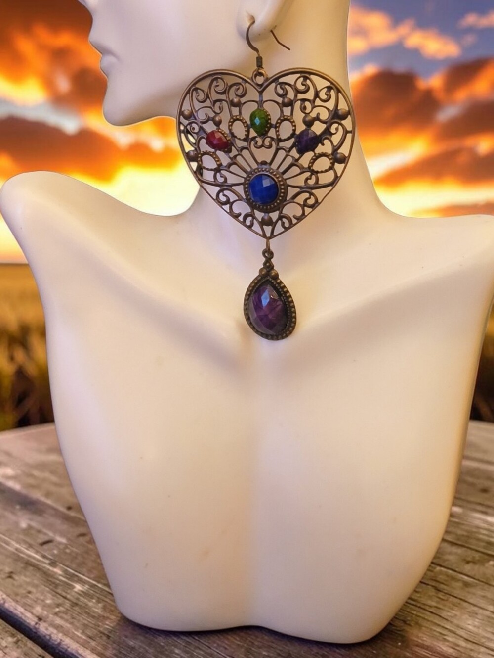 Filigree Heart Drop Earrings with Multicolor Gems